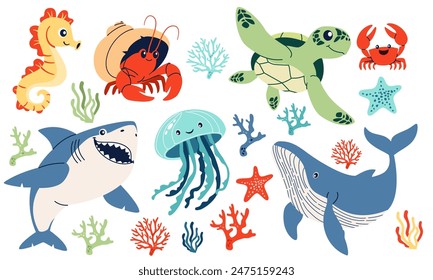 Set of flat vector illustrations on the theme of marine inhabitants. Cute shark crab crayfish hermit jellyfish turtle seahorse sea stars and corals. 