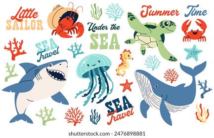 Set of flat vector illustrations on the theme of marine inhabitants. Cute shark crab crayfish hermit jellyfish turtle seahorse sea stars and corals lettering