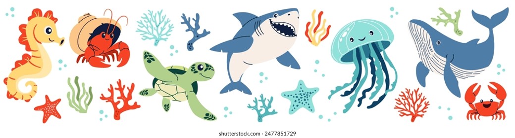 Set of flat vector illustrations on the theme of marine inhabitants. Cute shark crab crayfish hermit jellyfish turtle seahorse sea stars and corals. 