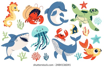 Set of flat vector illustrations on the theme of marine inhabitants. Cute shark crab crayfish hermit jellyfish turtle seahorse sea stars and corals dolphin fish 