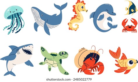 Set of flat vector illustrations on the theme of marine inhabitants. Cute shark crab crayfish hermit jellyfish turtle seahorse dolphin fish 