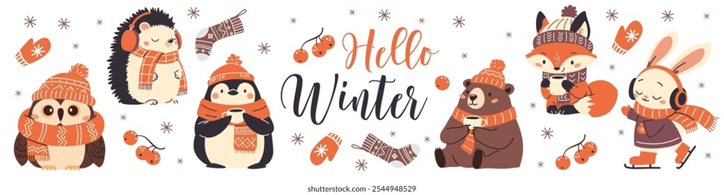 Set of flat vector illustrations on white background. It says hello winter, animals in warm scarves and hats drinking tea. Penguin fox bear bear hare hare owl hedgehog