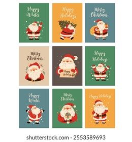 A set of flat vector illustrations on Christmas theme. Set of cards with Santa Claus for Christmas.  
