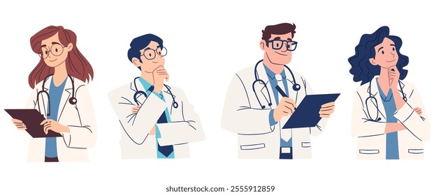 Set of flat vector illustrations on medical theme. Male and female doctors in pensive poses and with a notebook