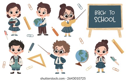 Conjunto de ilustrações vetoriais planas sobre o tema da escola em estilo simples. Meninos bonitos e meninas em uniforme escolar com livros, mochila e globo. Clipes de papel, réguas, canetas e um quadro-negro back-to-school 