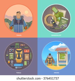 Set of flat vector illustrations on the theme of Climbing, Trekking, Hiking, Walking. Sports, outdoor recreation, adventures in nature, vacation. Modern flat design. 