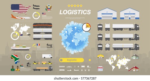 Set of flat vector illustrations on the theme of Logistics, Warehouse and Freight, Cargo Transportation. Warehouse for the storage of goods and homes to deliver.