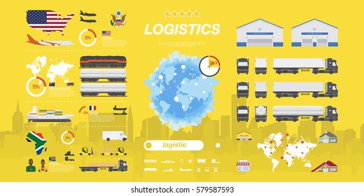 Set of flat vector illustrations on the theme of Logistics. Warehouse and Freight, Cargo Transportation. Warehouses for the storage of goods and homes to deliver.