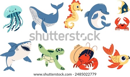 Set of flat vector illustrations on the theme of marine inhabitants. Cute shark crab crayfish hermit jellyfish turtle seahorse dolphin fish 