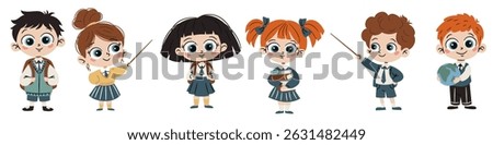 Set of flat vector illustrations on school theme in simple child style. Cute boys and girls in school uniform with books, backpack and globe