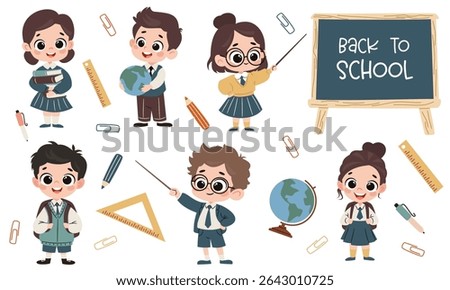 Set of flat vector illustrations on school theme in simple style. Cute boys and girls in school uniform with books, backpack and globe. Paper clips, rulers, pens, and a back-to-school chalkboard 
