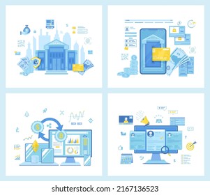 Set of flat vector illustrations for Online internet mobile banking, financial service. Cryptocurrency Exchange and Blockchain. Recruitment platform, agency, HR. Concept for websites.