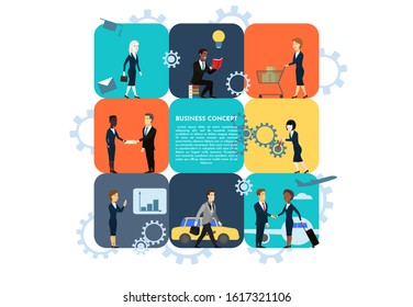 Set of flat vector illustrations. People, business, finance, trip, education, shopping. Business concept of teamwork, cooperation, partnership. Transfer from the airport. Creative idea design.
