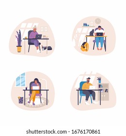 Set of flat vector illustrations - people sitting at desk with laptops and working at home. Remote job illustration concept- trending working from home idea.