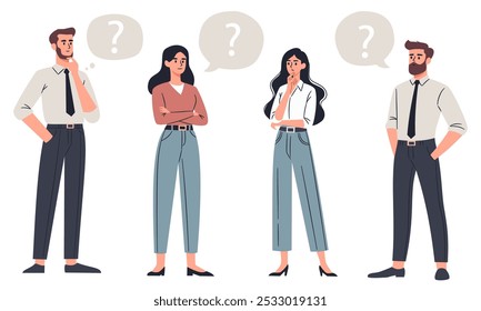 Set of flat vector illustrations. People, men and women in pensive poses, thinking over a question, speech bubble