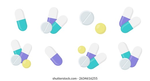 Conjunto de ilustrações vetoriais planas com comprimidos, cápsulas, comprimidos e vitaminas em cores pastel. Isolado no fundo branco.
