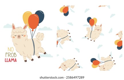 Set of flat vector illustrations for printing on children's products. Seamless vector pattern and print for printing. Cute llama flying on balloons, clouds, lettering  