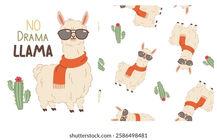 Set of flat vector illustrations for printing on children's products. Seamless vector pattern and print for printing. Cute llama with sunglasses, inscription  