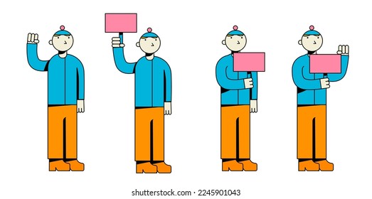 Set of flat vector illustrations of a protester holding a sign in different poses for the animation.