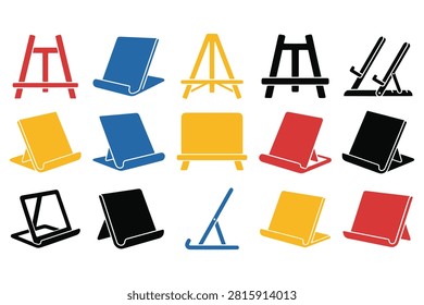Set of flat vector illustrations representing various phone and book holder styles for desktop and studio use.