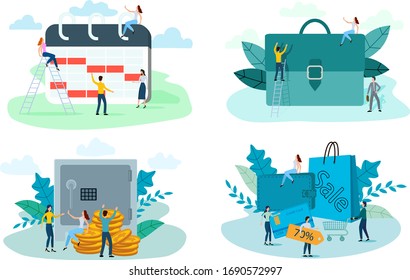 Un conjunto de ilustraciones vectoriales planas.Grandes ventas, operaciones bancarias, demostración de carteras, planificación empresarial.Para uso en diseño web.