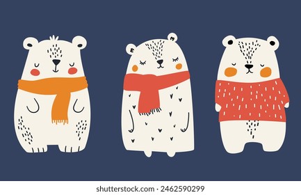 Set of flat vector illustrations in Scandinavian style. Cute white bears in scarves and sweaters, Christmas illustrations