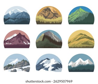 A set of flat vector illustrations showcasing mountain scenes