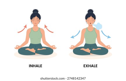 Set of flat vector illustrations showing a woman practicing deep breathing techniques; inhale and exhale exercises for mindfulness, mental wellness, and stress relief. Educational yoga character isolated on white background.