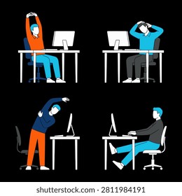 Set of flat vector illustrations showing business people doing stretches and exercises at their office desks to relieve stress.