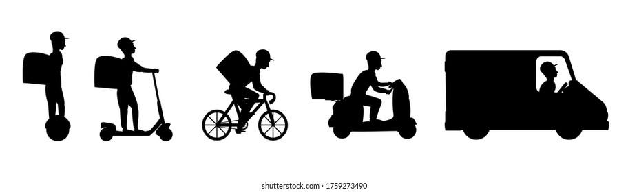 Set of flat vector illustrations. Silhouette of man on different delivery service vehicles. Electric scooter, moped,
unicycle, bike, minibus. Delivery concept isolated on a white background.