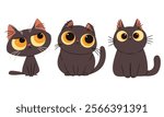 A set of flat vector illustrations in a simple children's style. Cute black cats with big eyes with different emotions