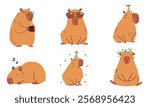 A set of flat vector illustrations in a simple children's style. Cute capybaras in different poses, meditates, wearing sunglasses, office worker and others 