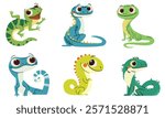 Set of flat vector illustrations in simple child style on white background. Cute lizards with big eyes