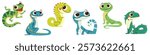 Set of flat vector illustrations in simple child style on white background. Cute lizards with big eyes