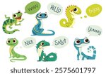 Set of flat vector illustrations in simple child style on white background. Cute lizards with big eyes, speech bubbles with lettering