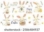 A set of flat vector illustrations in a simple children's style and lettering on the theme of Easter. Cute bunnies and rabbits holding baskets with Easter eggs