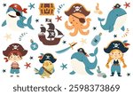 A set of flat vector illustrations in a simple children's style. Cute animals and kids in pirate hats, whale shark octopus devoka boy and ship. Pirate-themed elements
