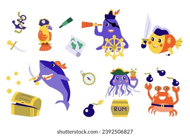 A set of flat vector illustrations in a simple children's style. Cute animals and fish in pirate hats, shark octopus crab and parrot. Pirate-themed elements. Sea animals for pirate party for boys. 
