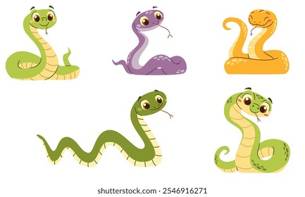 Conjunto de ilustrações vetoriais planas em um estilo simples infantil. Cobras bonitas em cores diferentes e em poses diferentes em um fundo branco 