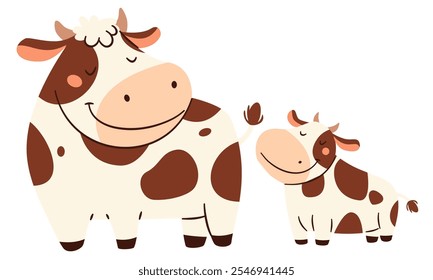 Conjunto de Ilustraciones vectoriales planas en un sencillo estilo infantil. Linda vaca manchada y su cría sobre fondo blanco. Animales de granja y sus cachorros