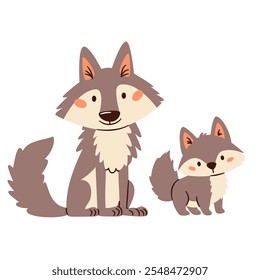 Set of flat vector illustrations in a simple children's style. Forest animals and their cubs. A cute wolf and his baby wolf cub. 