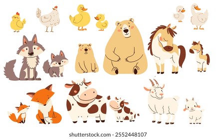 Um conjunto de ilustrações vetoriais planas em um estilo infantil simples. Animais bonitos e seus filhotes. Urso lobo raposa vaca cabra pato galinha ganso. 
