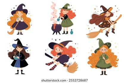 A set of flat vector illustrations in a simple children's style. Cute witches brewing potion, flying on a broom. Kind and cheerful witches girls