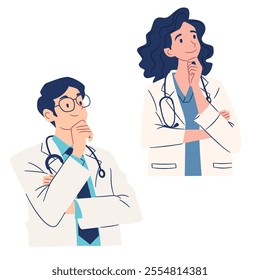 A set of flat vector illustrations in a simple style. Doctors man and woman in a pensive pose, problem solving, reflections