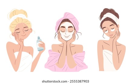 A set of flat vector illustrations in a simple style. Woman dressed in towel are engaged in cosmetic procedures, face masks and patches. Self-care and self-love concept