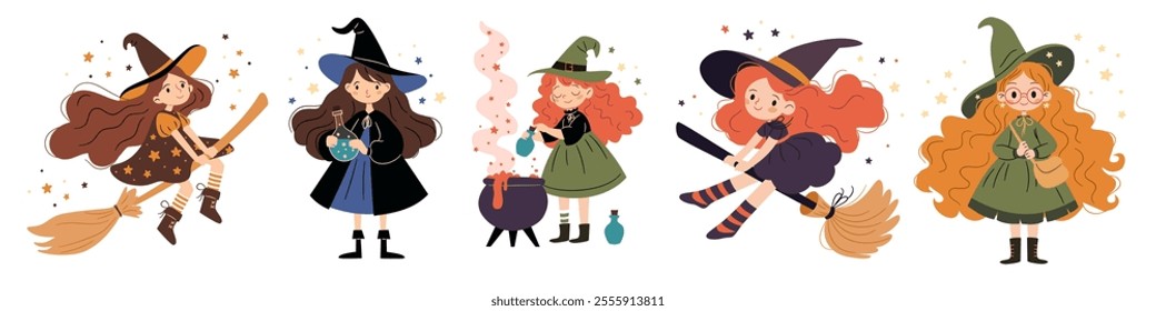 A set of flat vector illustrations in a simple children's style. Cute witches brewing potion, flying on a broom. Kind and cheerful witches girls