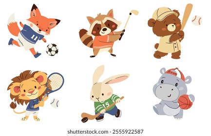 A set of flat vector illustrations in a simple children's style. Cute animals playing sports, fox in soccer, raccoon in golf, hippo in basketball, hare in hockey, lion in tennis, bear in American socc