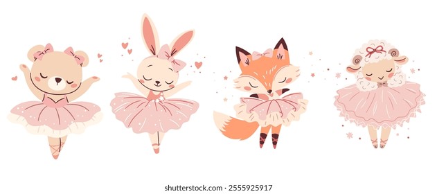 A set of flat vector illustrations in a simple children's style. Cute animals doing ballet, rabbit sheep bear cub and fox in pink ballet tutus