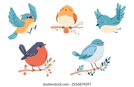 A set of flat vector illustrations in a simple children's style. Cute birds sitting on branches and flying, white background 