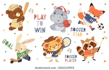 A set of flat vector illustrations in a simple children's style. Cute animals playing sports, fox in soccer, raccoon in golf, hippo in basketball, hare in hockey, stars, lettering